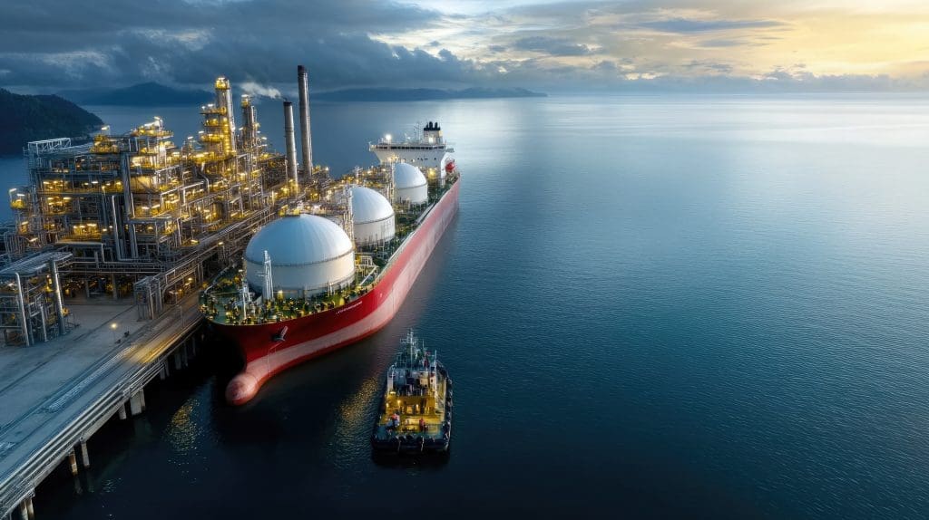 Lng tanker: vessel carrying liquefied natural gas, energy transportation, cryogenic storage, maritime export, industrial shipment, clean resource, sustainable distribution, offshore terminal